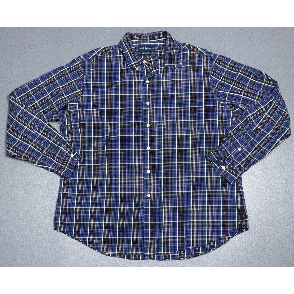 Vintage 90s Ralph Lauren Plaid Shirt Mens XXL Custom Fit Blue Plaid Hong Kong⁠